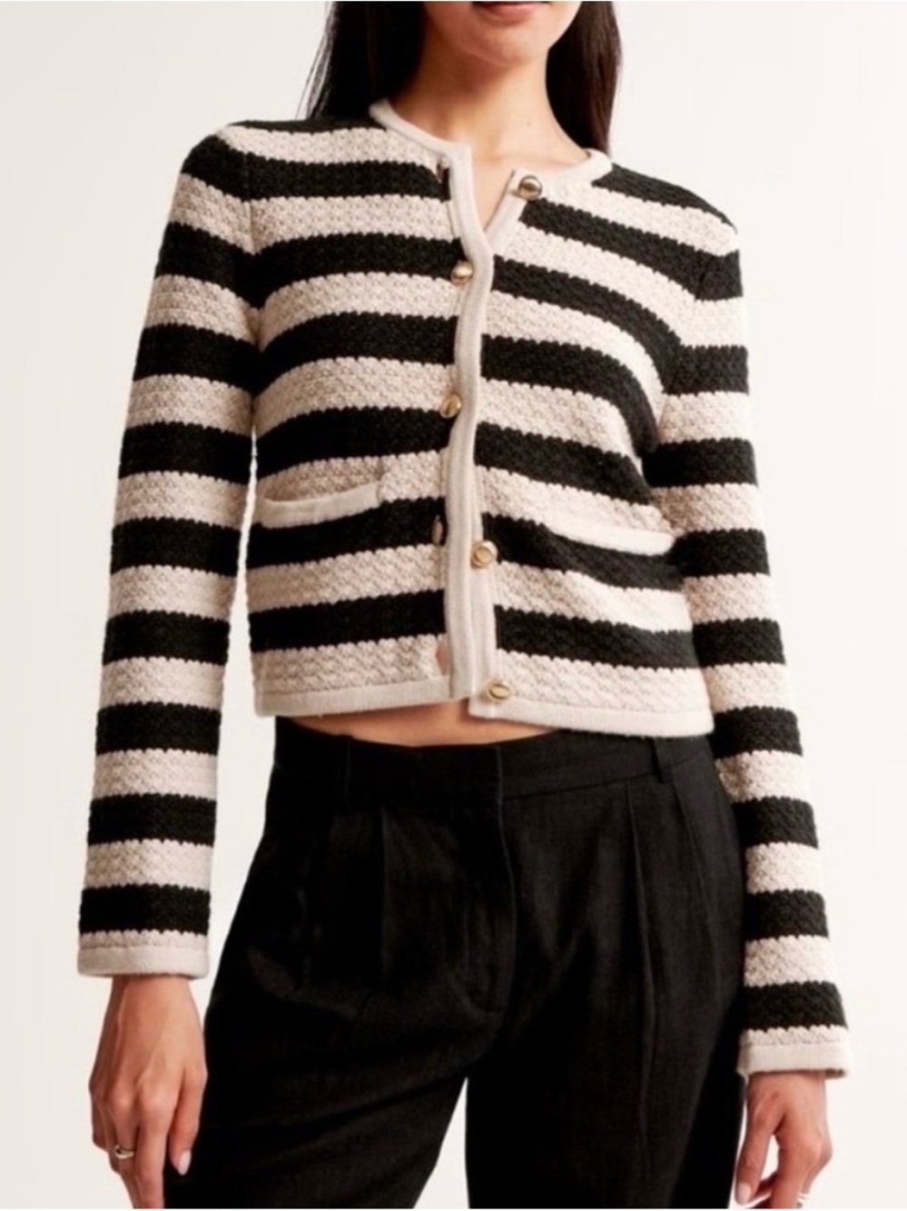Abercrombie & Fitch Black and Cream Striped Cropped Cardigan